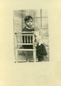 France Young Boy & Teddy Bear in a Pram Old Amateur Photo 1930