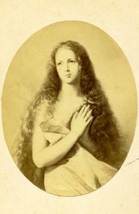 Painting Young woman with long curly hair Old CDV Photo 1870