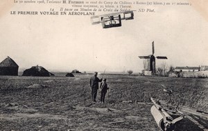 Aviation Camp de Chalons Henry Farman in Flight Windmill Old Postcard 1908