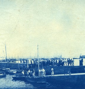 France Bretagne Seaside Boats Old Photo Cyanotype 1900