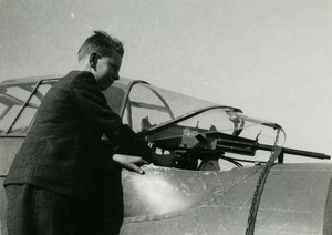 France Young Boy by Aircraft Machine Gun rifle in cockpit Old Phtot 1950's