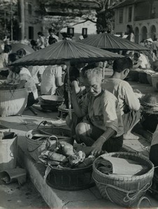 Indochina Elderly woman selling at market Sunshade Old Photo 1950