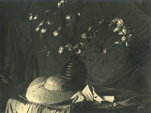 Belgium? Still Life Metal? Flowers Bouquet in vase & Hat Old Art Photo ALF 1944