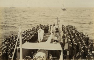 UK HMS Blenheim military ship Morning Prayers Old Photo Stuart 1890