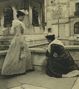 France Arles Arlésienne 2 Women in Traditional Costume Fountain Old Photo 1947#1