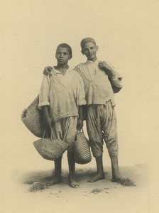 Algeria youngs boys carrying baskets Old Photogravure Geiser 1890