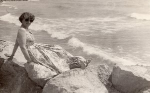 France Lady sat on Rock on the Beach Seaside old Amateur Photo 1950's