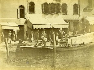 Italy Venice animated scene Fisherman trading on boat Old Photo 1890
