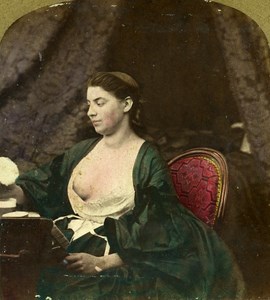 Study of Woman Semi Nude Risque Old Stereoview Photo Hand Tinted Lamy 1861