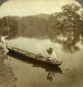 Panama Exploring Chagres River 2 men Pirogue Canoe Old Stereoview Underwood 1907