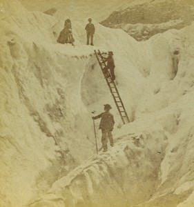 Switzerland Alps Mountain Climbers Glacier Old Stereo photo 1865